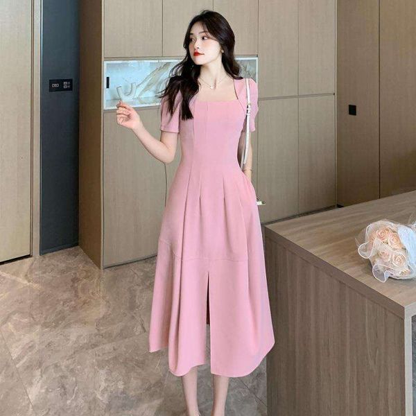 

summer dress for girls womens style square collar simple split design, Black;gray