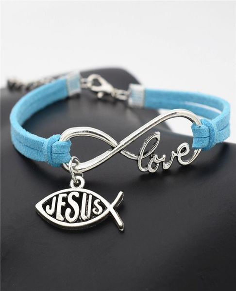 

afshor 2018 new design christmas jewelry fashion cute charm leather wrap love infinity bracelet for women men jesus cross fish pat2841072, Golden;silver
