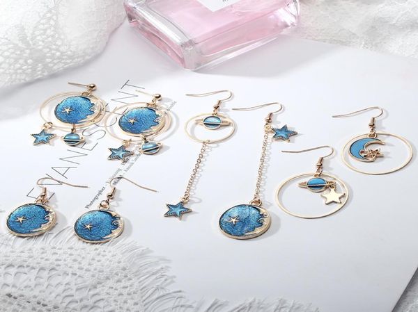 

2020 fashion blue asymmetrical cubic zircon sun moon gold color long ear threads linear dangle round drop earrings for women gift6936889, Golden;silver