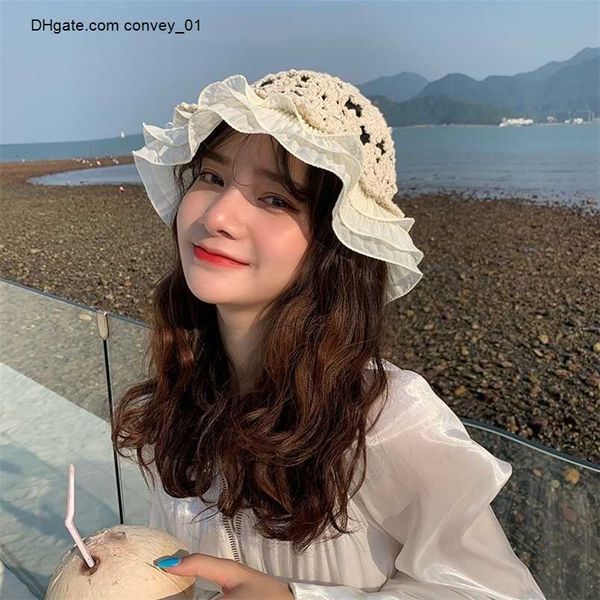 

knitted fisherman women hollow bucket het lace flower cute sweet romantic sun hat 220623, Blue;gray