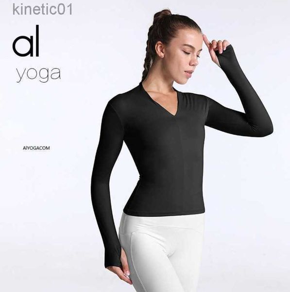 

2023 desginer alo yoga t shirt origin long sleeved women's tight fit slimming quick drying sports fitness suit chest pad, White