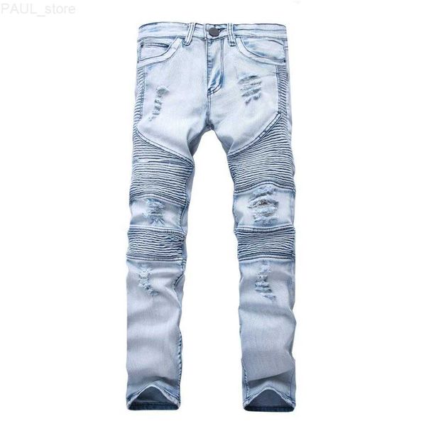 

men's jeans clothing jeans pants slp blue/black destroyed mens slim denim straight biker skinny jean men ripped pant l230724