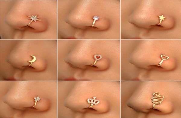 

16 styles small copper fake nose rings for women non piercing gold plated clip on nose cuff stud girls fashion party jewelry7407403, Silver