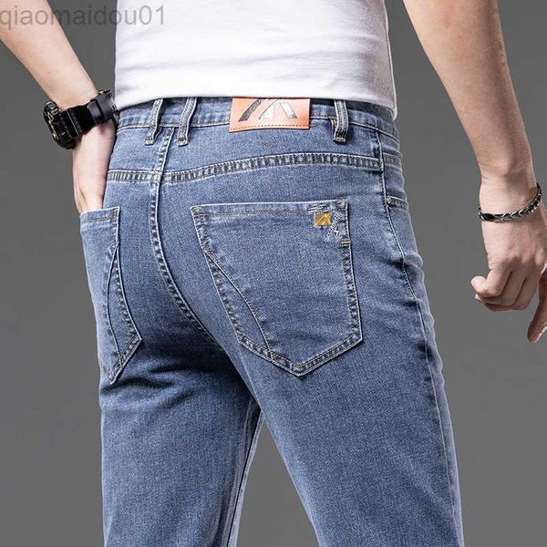 

men's jeans 2023 spring summer brand cotton stretch men's regular straight lightweight jeans business casual mid waist thin jeans, Blue