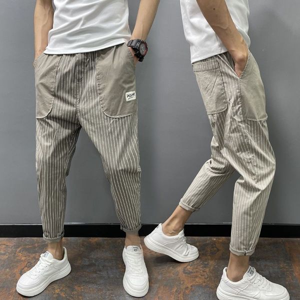 

men's pants summer thin striped casual men harajuku khaki baggy ninepoint male korean loose hip hop pockets harlan trousers 230724, Black