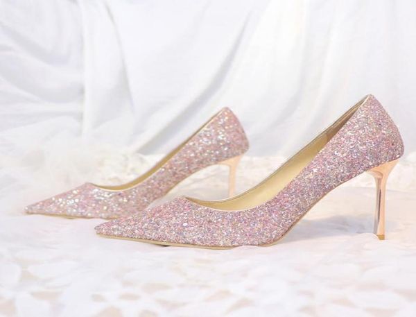 

sparkly champagne sequined wedding shoes for bride stiletto heel prom banquet high heels plus size pointed toe shallow bridal shoe9811049, Black