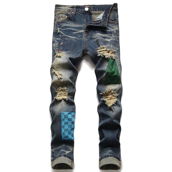 

men's jeans men's ripped hole patchwork jeans print dyed distressed punk denim pants hip hop slim fit elastic jeans trousers 23072, Blue
