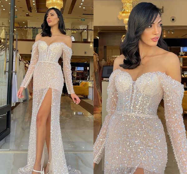 

bling champagne evening night dress women 2023 off the shoulder long sleeves beads side slit prom formal party gowns robe de soiree vestido, Black;red