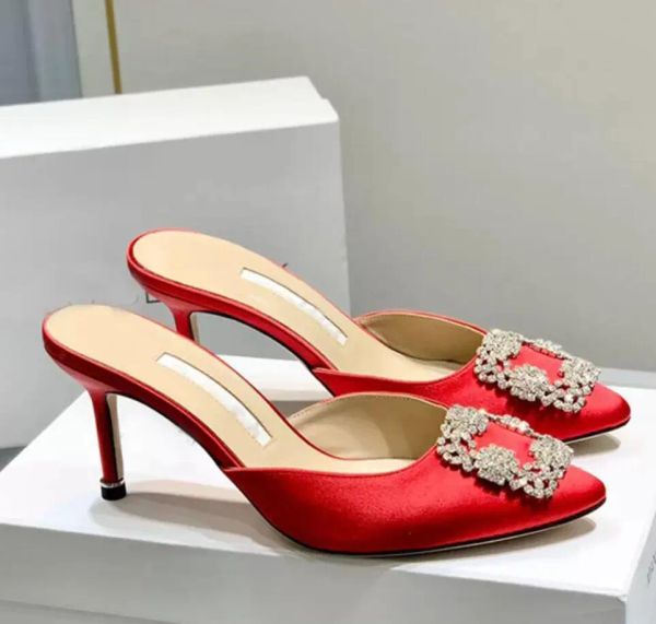 

women sandal hangisimu satin jewel buckle mules slippers rhinestone square buckle shoes women's thin high heels luxury crystal metal de, Black