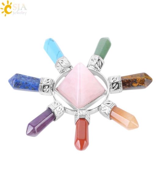 

csja 7 chakra jewelry energy power natural stone healing point meditation crystal pyramid hexagonal prism for men women yoga gif9911836, Blue;slivery