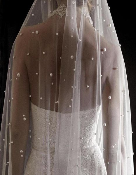 

bridal veils wedding veil with pearls one layer long cathedral bride velos de noiva crystal beaded for white ivory metal comb7269150, Black