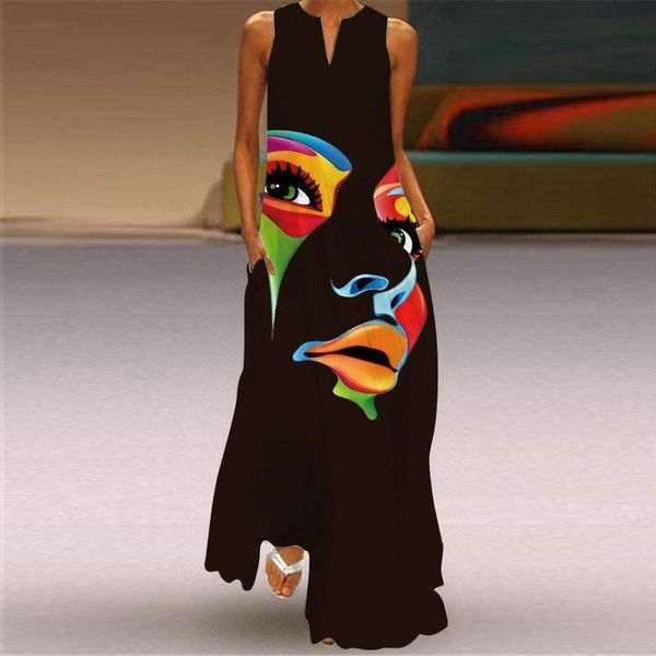 

summer womens bohemian sleeveless maxi dress v neck vintage print, Black;gray