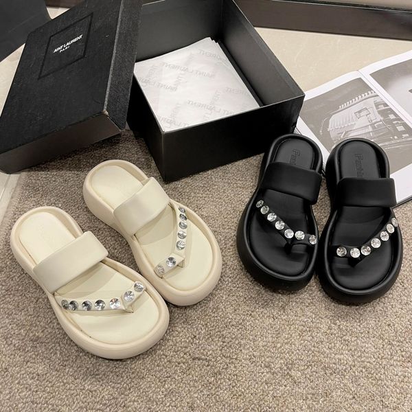 

thick-soled toe slippers women's summer new korean version of rhinestone sandals joker solid color beach slippers, Black