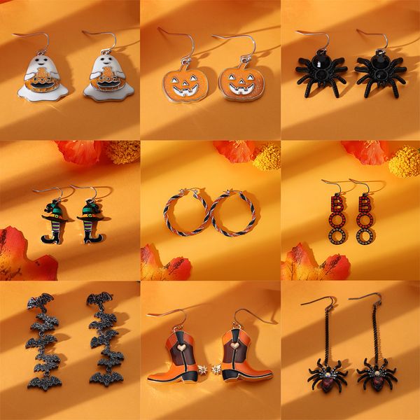 

pumpkin ghost witch hat earrings dangle for women halloween bat spider letters shoe stud earring festival party crystal zircon ear drop jewe, Silver