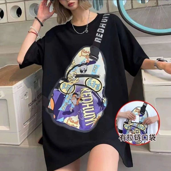 

women's tshirt summer women messenger bag printed pocket zipper european version wide large size couple casual tshirt 230724, White