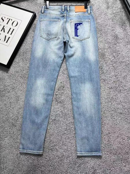 

designer luxury men's light jeans long letter embroidery sewn tear trend brand motorcycle pants slim fit pants, Blue