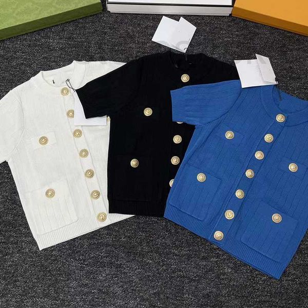 

women's knits & tees designer knitted round neck gold button pocket short sleeve celebrity style new summer 2023 9r85, White