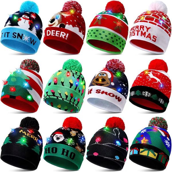

knitted led christmas hat autumn and winter warm children cartoon printing wool hat, Blue;gray