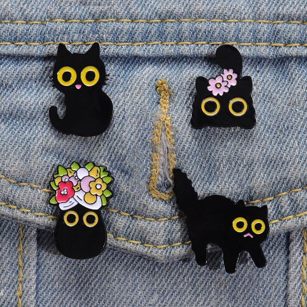 

black cats enamel pins custom big eyes kitten brooches lapel badges floral animal cartoon funny jewelry gift for friends accessory, Blue