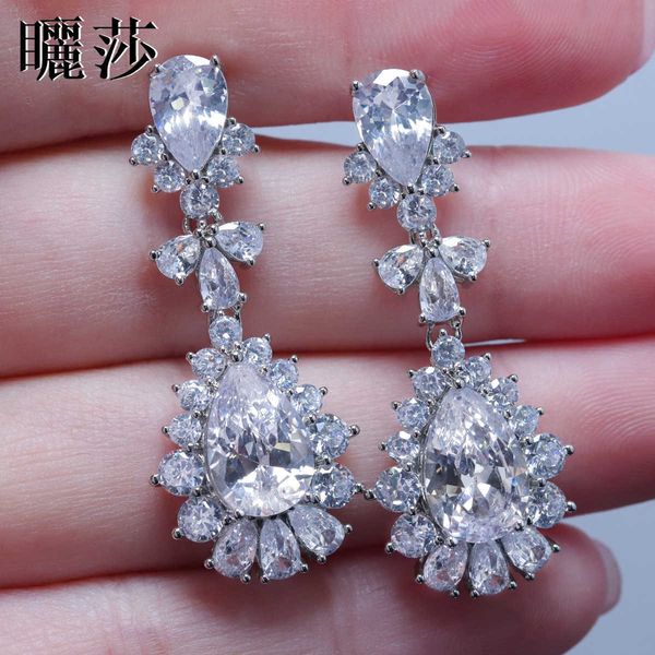 

new copper inlaid full diamond water drop earrings long earrings, Golden