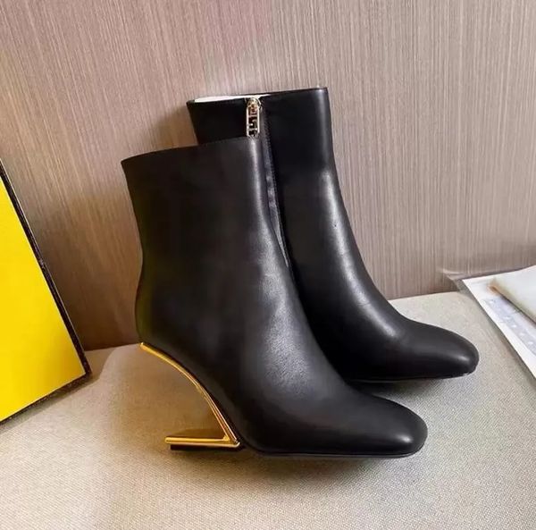 

fashion designer winte first women ankle boots nappa leather high-heel boots fshaped booties rounded toe gold-colored metal party wedding bo, Black
