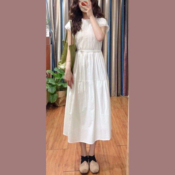 

french retro artistic white shirt dress for women summer slim waist, Black;gray