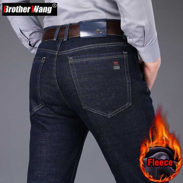 

men's jeans 2022 winter new men's fleece warm jeans classic style business casual thicken regular fit denim pants black blue brand
