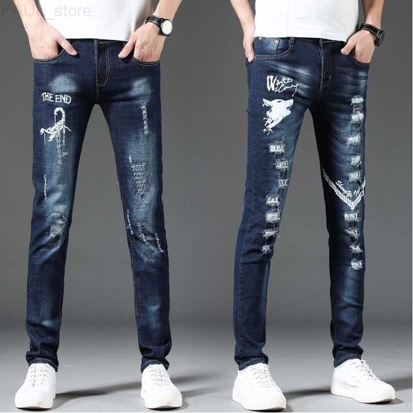 

men's mens jeans spring and autumn fashion printed ripped casual slim comfortable elastic small feet pants 230720 l230724, Blue