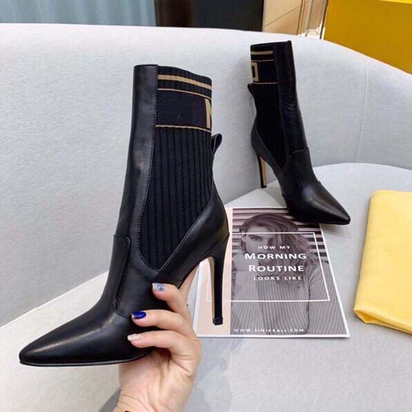 

designer boots letter knitted mid sleeve short boots spring and autumn fine heel high heel cowhide boots pointed head slim leg elastic boots, Black