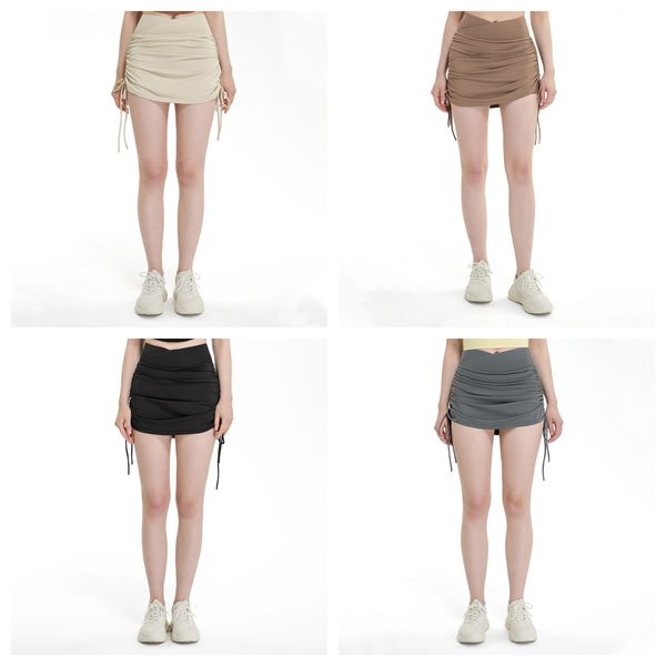 

dashu drawstring high waist sports short skirt women's running anti glare yoga shorts half skirt fitness tennis skirt, White;red