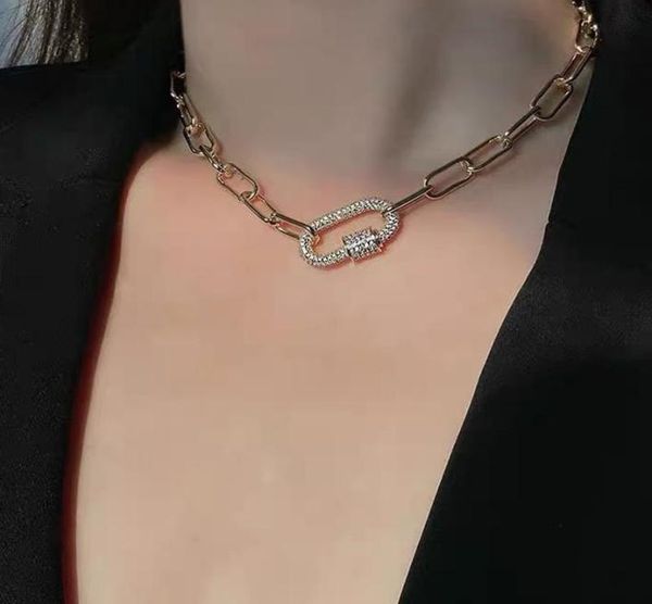 

fashion full rhinestone paperclip pendant necklace for women gold color chunky linked chain chokers necklaces jewelry chains6591325, Silver