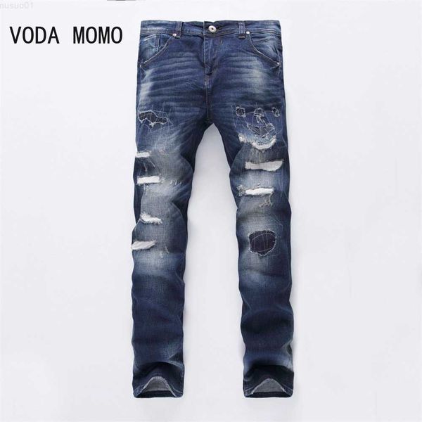 

men's jeans new dropshipping men ripped biker jeans distressed moto denim joggers destroyed knee leather pleated patch jeans l230724, Blue