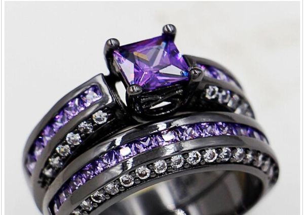 

whole size 56789 brand jewelry princess cut 6mm amethyst 10kt black gold filled women lady039s wedding engagement ring2871004, Golden;silver