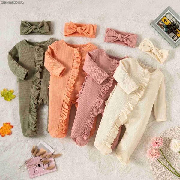 

newborn baby girl rompers long sleeve waffle ruffle jumpsuit with headband set infant kids cotton footie pajamas zipper clothes, Blue