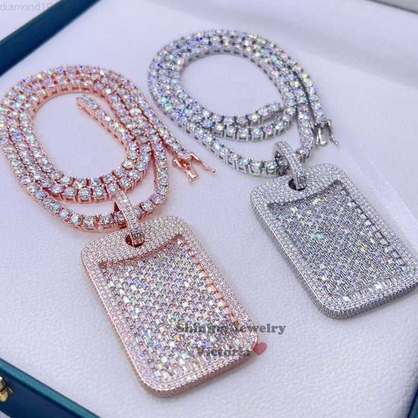

white gold rose gold hip hop iced out vvs moissanite diamond baguette dog tag pendant, Silver
