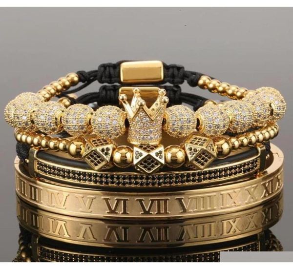 

4pcsset gold hip hop hand made bead bracelet men copper pave cz zircon crown roman numeral bracelets bangles jewelry bxyni7796029, Golden;silver