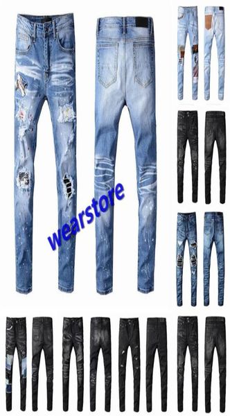 

mens cool rips stretch designer jeans distressed ripped biker slim fit washed motorcycle denim men s hip hop jean fashion man pant8098389, Blue