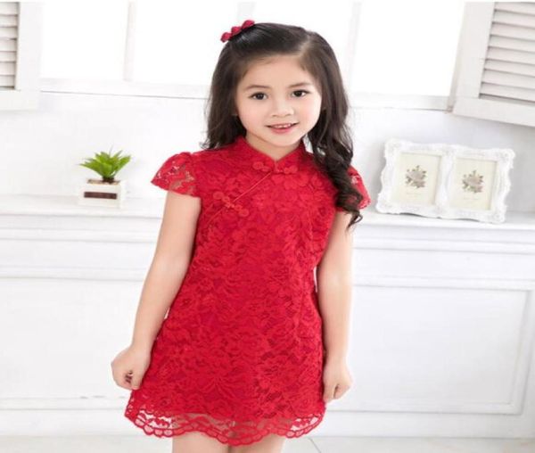 

new arrival summer chinese style dress traditional red lace cheongsam qipao sleeves dress for girls kids princess dresses8057081, Red;yellow