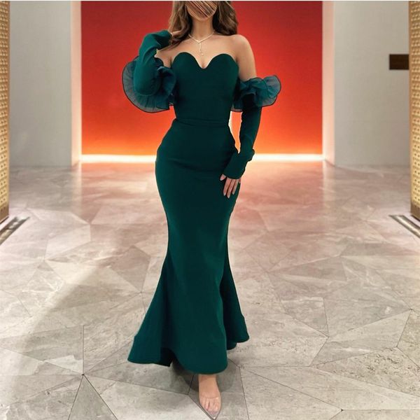 

elegant short green crepe sweetheart evening dresses with organza sleeves sheath zipper back ankle length prom dresses robe de soiree formal, Black;red