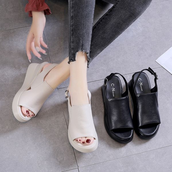 

thick-soled sandals, women's summer slopes and new fish mouth fashion women's shoes, muffin bottom temperament high heels, women, Black