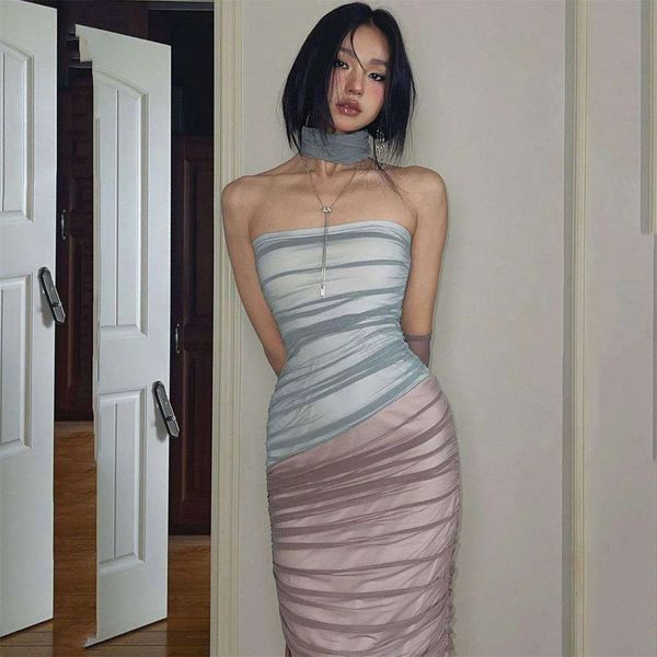 

title double layer matching color mesh stitching slim strapless dress for summer women, Black;gray