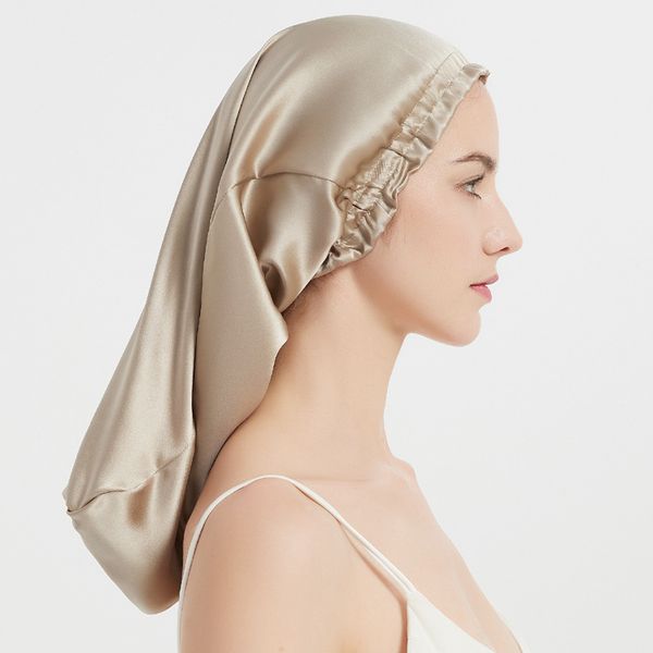 

new amazon selling source silk long tube sleeping caps 100 mulberry silk hair protection and perm hat beauty, Black;white