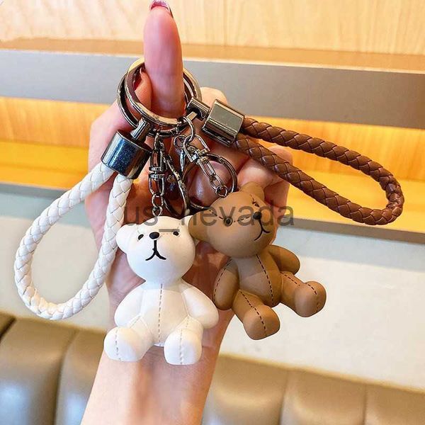 

keychains lanyards cute leather bear key chain resin bow bell rabbit keychain weaving fashion doll bag pendant holiday car key ring for girl, Silver