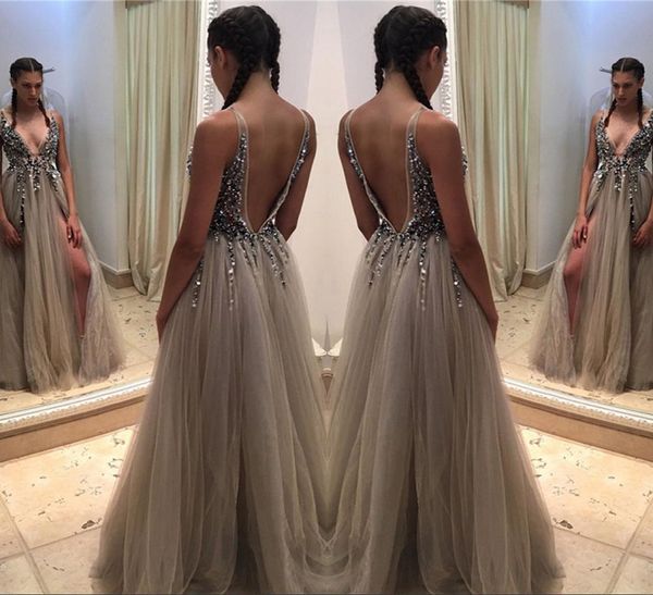 

long deep v neck prom dress front split sparkly bodice sleevless evening party gown custom made plus size8942486, Black