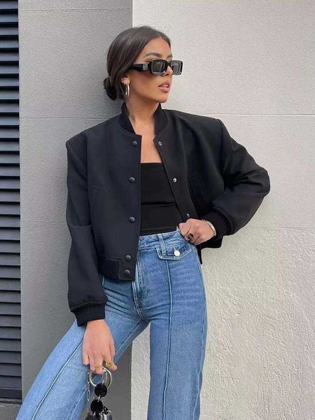 

women's jackets traf woman fashion bomber jackets for women 2023 spring jacket new in outerwear o-neck long sleeve casual with pockets, Black;brown