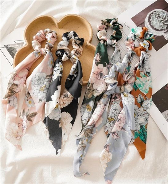 

vintage floral print bow satin long ribbon ponytail hair tie scrunchies women girls elastic hair bands hair accessories6683636, Golden;silver