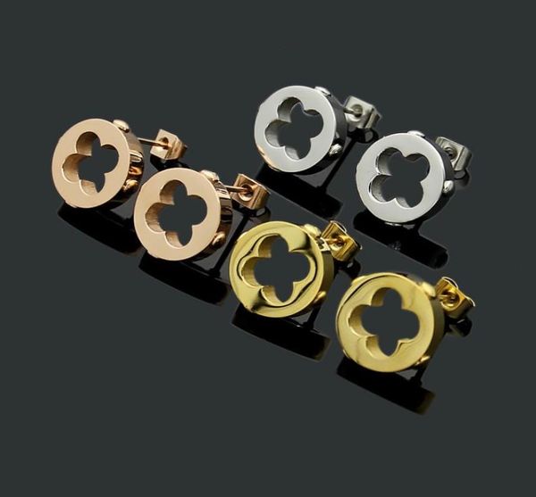 

titanium steel jewelry v letter threedimensional hollow four leaf flower bump earrings for women5840803, Golden;silver