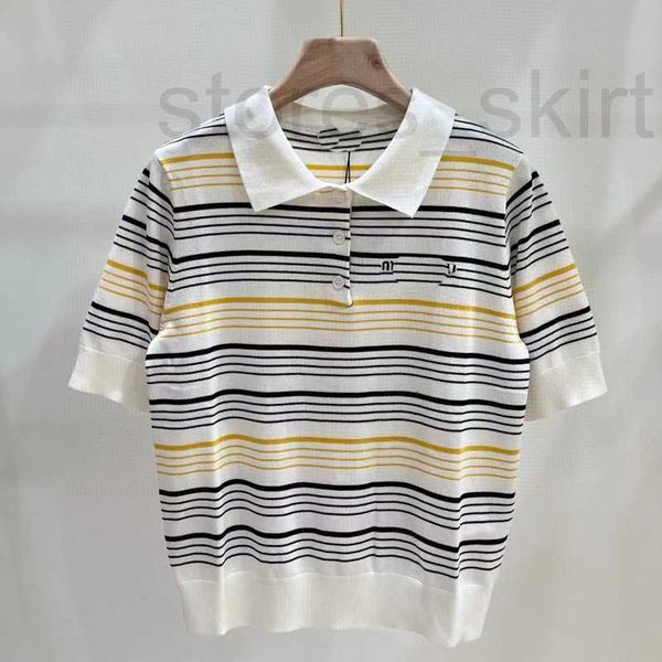 

women's t-shirt designer stripe colorblock polo neck knit short sleeve loose age reducing girl style 2023 summer new lc5b, White