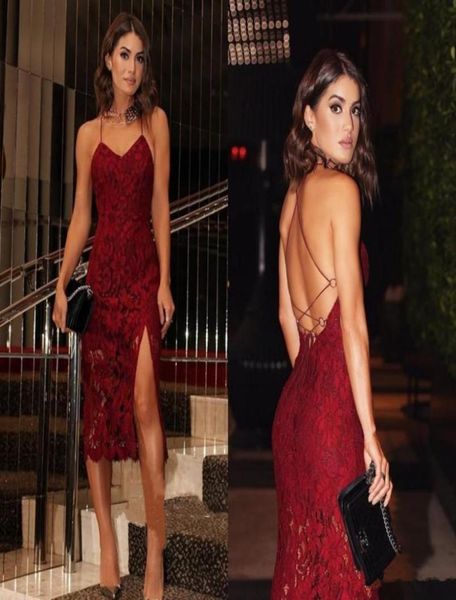 

tea length lace short side split prom dresses spaghetti criss cross back lace cocktail party dresses1902060, Red