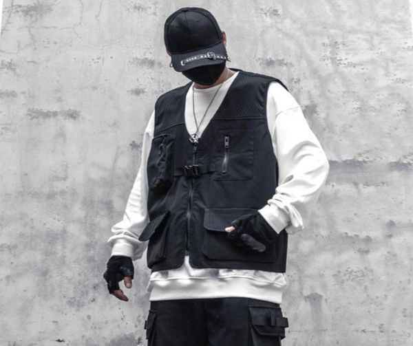 

men039s vests multi pockets techwear tactical functional waistcoat streetwear hip hop cargo vest zipper sleeveless jacket men o2631777, Black;white